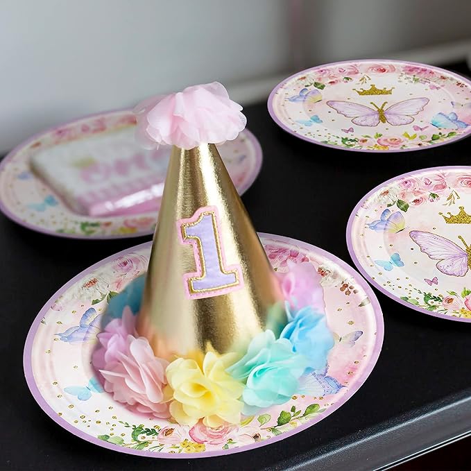 96 Pcs Butterfly Birthday Party Plates Napkins Forks Supplies Tableware Set Disposable Table Butterfly Theme Decoration for Girl Birthday Party or Baby Shower, Serves 24 Guests