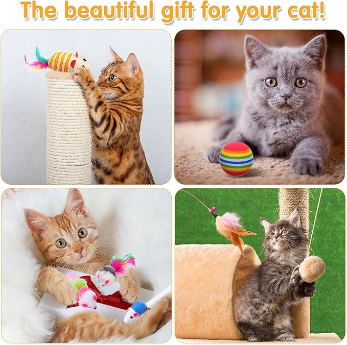 Poen 22pcs Cat Toys Kitten Toys Set with 2 Collapsible Cat Tunnel Toy and 20 Interactive Kitty Toys Cat Feather Toy, Fluffy Mouse, Crinkle Balls, for Cat Kitten Puppy (Blue, Black)