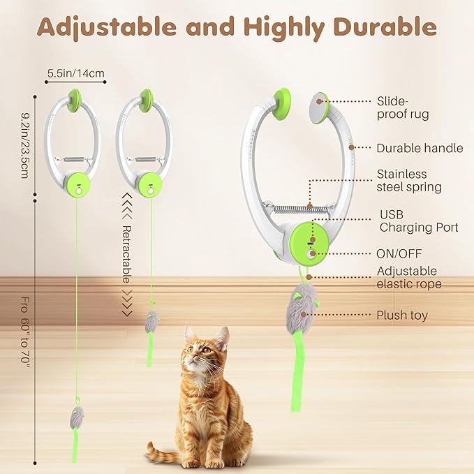 Cat Toys, Interactive Cat Feather Toys for Indoor Cats, Hanging Retractable Teaser Toy Kitten Play Chase Exercise, Automatic Kitten Mental Exercise Toys with Three Mices Plush Toys (Green)