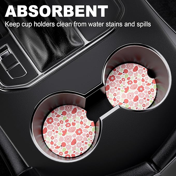 2 Pack Car Cup Holder Coaster, 2.63 inch Anti Slip Insert Absorbent Ceramic Coaster with Cork Base and Finger Notch, Cute Car Accessories Interior for Women