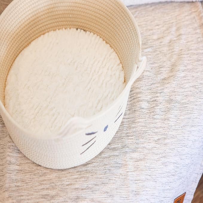 Catstages Bed & Basket Retreat 2-in-1 Cat Bed with Removable Cushion, Plush, Cotton Rope, White