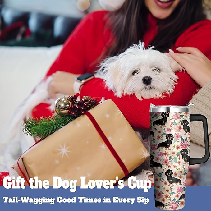 40 Oz Dachshund Tumbler With Handle and Straw, Double Wall Stainless Steel Mug, Coffee Mug for Dog Lovers, Dad or Mom Tumbler, Gifts for Women and Men