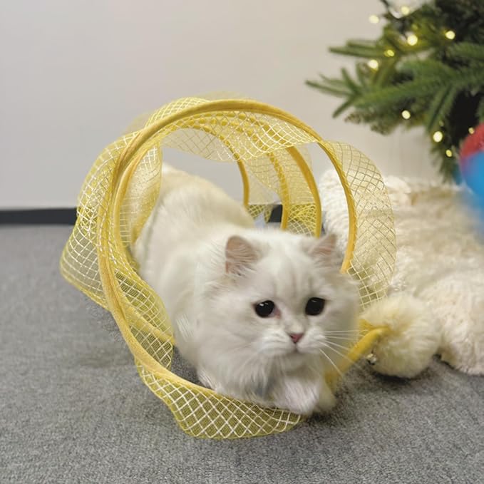 Folded Cat Tunnel, Cat Tunnel for Indoor Cats, Collapsible Cat Tunnel with Feather and Bell, Folded Cat Tubes, Cat Spring Toys for Rabbits and Cats, Portable Pet Toy (Blue)