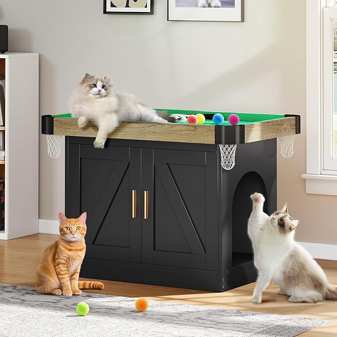 DWVO 4 in 1 Cat Toys Mini Pool Table for Cats, Litter Box Enclosure for Cat Pool Table Tower with Feather Wand Interactive Exercise Play Rest Beds & Litter Box Furniture, Black, Medium