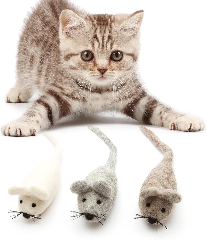 Glaciart One Felt Mouse Cat Toy – 3 Pcs | Soft Fuzzy Enrichment 100% Natural Wool Toy - Interactive Catnip Play Cat Toy Set - Safe for Pets, Non-AZO Colored Dyes