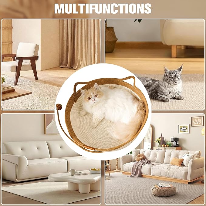 Hand Woven Cat Bed Basket Nest Round with Toy Tail, Natural Cotton Linen Cat Scratch Pad, Pet Sleeping Bed House Scratcher Scratch Mat Pad for Puppy Small Dogs Indoor Cat Summer (Small)