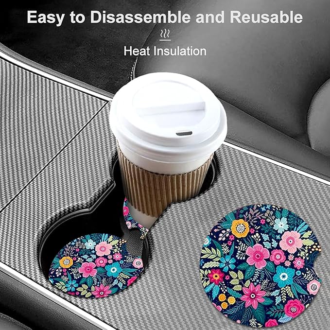 Car Coasters for Cup Holders,2 Pack Floral Car Coasters,2.75" Universal Size Anti Slip Rubber Mat,Automotive Cup Holder Decal Decor Accessories,Rubber Car Cup Mat for Women,Men,Mom