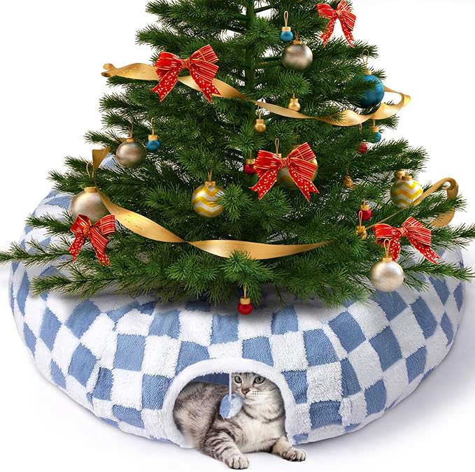 Cat Tunnel Bed Cat Cave for Cats Indoor, Maansfy Large Peekaboo Cat Cave Donut Tunnel Interactive Cat Toy Multifunctional Round Pet Play Tunnel Tube for Kitten Medium Large Cat - Blue