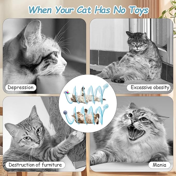 2 Packs Folded Cats Tunnel, Kitten Tunnel for Indoor Cats Collapsible Large Tubes Played Tunnel Spring Cute Foldable Pet Tunnel Bed Interactive Toy with Toys Feather Mouse Hemp Ball Blue