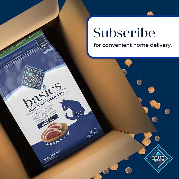 Blue Buffalo Basics Grain-Free Dry Cat Food, Skin & Stomach Care, Limited Ingredient Diet for Indoor Cats, Duck & Potato Recipe, 5-lb. Bag