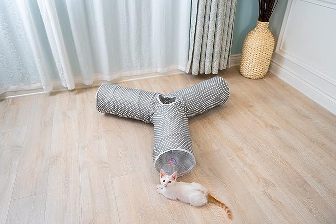 Cat Tunnel,Large Cat Tunnel for Indoor Cat, Kitten Toys Collapsible 3 Ways Play Toy, Pet Tube Hideaway Tunnel with Ball for Cats Rabbits Kittens (Gray White Dot Large)