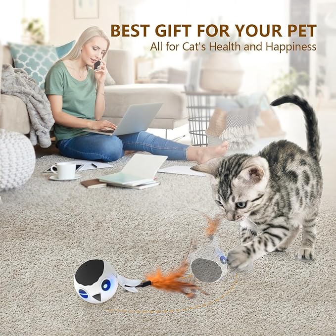 ORSDA Cat Toys, Interactive Cat Toys for Indoor Cats Automatic Moving Ball Bird for Bored Indoor Adult Cat Kitten Toys Ball, Motion Activated Fast Moving Chirping Stimulating Light Cats Toys, 2 Tails