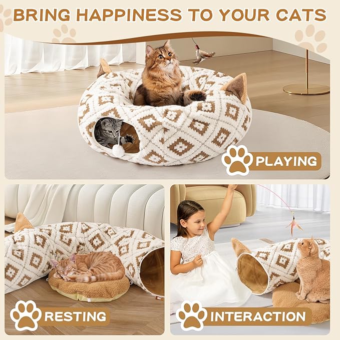 Cat Tunnel with Cat Bed for Indoor Cats, 3 in 1 Cat Donut Tunnel, Cute Cat Bed with Cushion Peephole and Cat Ear for Cats, Kittens, Rabbit, New Jacquard Pattern