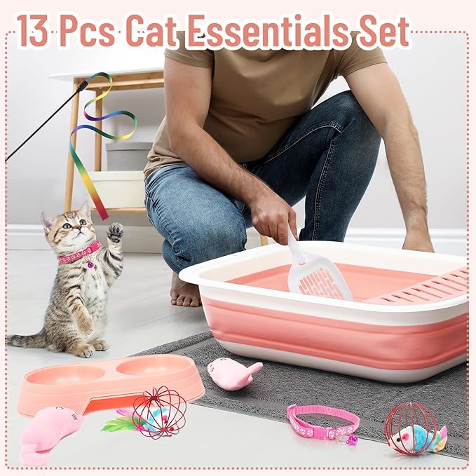2 Set 14 Pcs Cat Kitten Starter Kit Foldable Cat Litter Box with Shovel Small Litter Pan Collapsible Cat Toilet Paw Litter Mat Cat Collars Cat Bowls Cat Toys Teaser Stick for Beginner(Pink)
