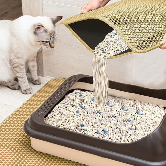 2025 𝗡𝗘𝗪 Waterproof Cat Litter Mat | Double Layer EVA, Odor-Free Large Grid | Urine Proof & Easy Cleanup | Soft on Paws | Versatile Design for Litter and Feeding (Khaki, 16×21)