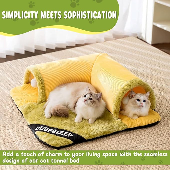 2-in-1 Cat Tunnel Bed for Indoor Cats, 27.5 Inch Cozy Peekaboo Design, Large Detachable & Washable Pet Bed and Play Tunnel for All Seasons, Perfect for Cats and Small Pets