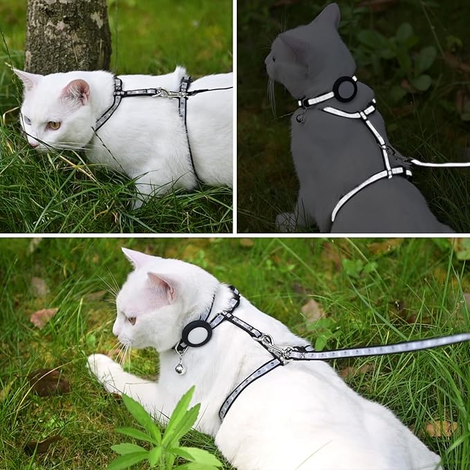 KOOLTAIL Cat Harness and Leash Set Escape Proof with Cat Airtag Holder Collars (3 in 1), Comfortable Lightweight Adjustable Kitten Harness for Small Medium Large Cats Safe Walking & Travel, Black