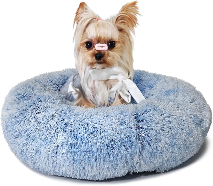 Blue and White Dog Bed Small Washable,Calming Dog Bed for Small Dogs,15 inches Donut Fluffy Pet Beds,Anti Anxiety Round Fits up to 5 lbs Soft Warm Pets Beds for Puppy Dogs Indoor