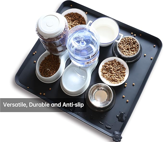 Hoki Found XX-Large Silicone Pet Food Mats Tray - Dog Pet Cat Feeding Mat -Non Slip Pet Dog Cat Bowl Mats Placemat - - Waterproof Dog Cat Food Mats -Pet Water Mats for Carpet -Black-1