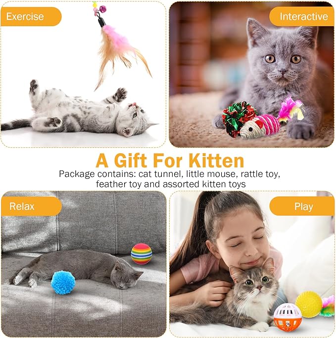 Wettarn 22 Pieces Cat Toys Set, with 2 Collapsible Cat Tunnels for Indoor Cats and 20 Kitten Toys Cat Tubes and Tunnels Interactive Cat Feather Toy Mouse Crinkle Balls for Cats Puppies (Black, Blue)