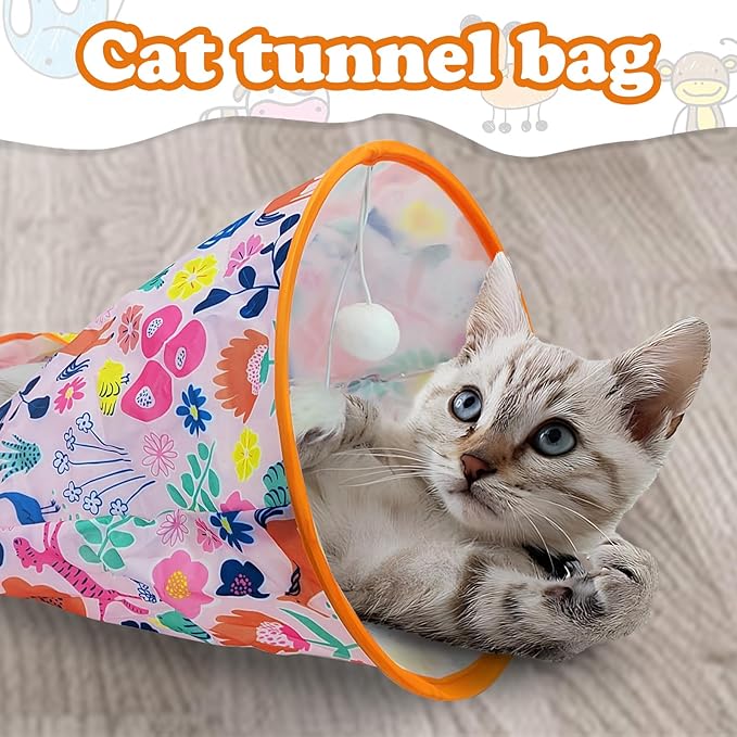Andiker Cat Tunnel Bags for Indoor Cats, 13x17x12In Foldable Cat Crinkle Bag with 3 White Plush Balls and 1 Mouse 5 Holes for Kitten to Hide and Catch 3 Layers Cat Toy (Zoo)