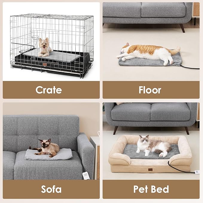 EHEYCIGA Heated Cat Bed Indoor, 6 Adjustable Temperature Dog Cat Heating Pad with Timer, Pet Heating Pad for Cats with Chew Resistant Cord, Waterproof Cat Heating Pad for Winter, 18"x16", Grey