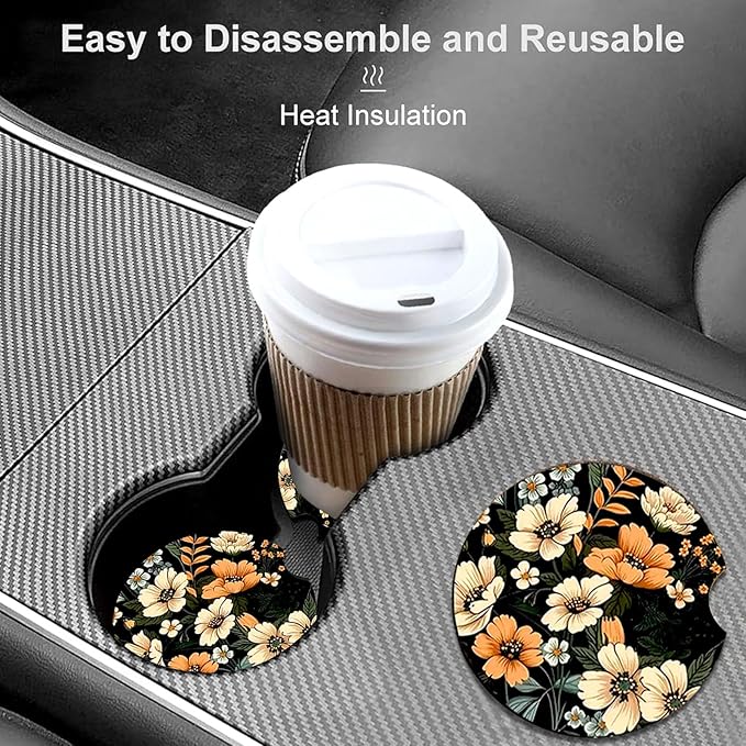 Car Coasters for Cup Holders,2 Pack Flowers Car Coasters,2.75" Universal Size Anti Slip Rubber Mat,Automotive Cup Holder Decal Decor Accessories,Rubber Car Cup Mat for Women,Men,Mom