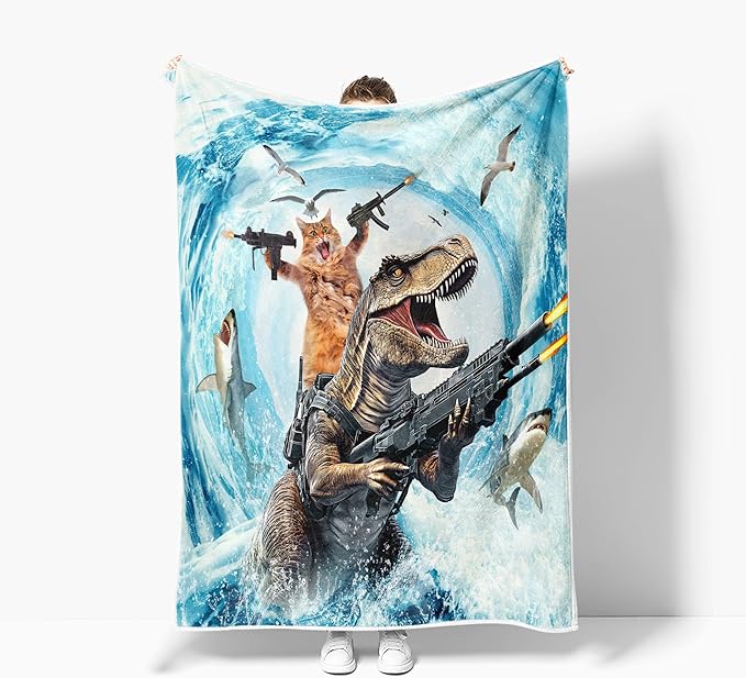 Funny Cat Throw for Kids, Cute Cool Cat Riding Dinosaur on Blue Ocean Fleece Throw Blanket Cozy Soft Lightweight Couch Sofa Bed,Blue Blankets Bedding Decor for Girls Boys Teens Cute Throw Blanket