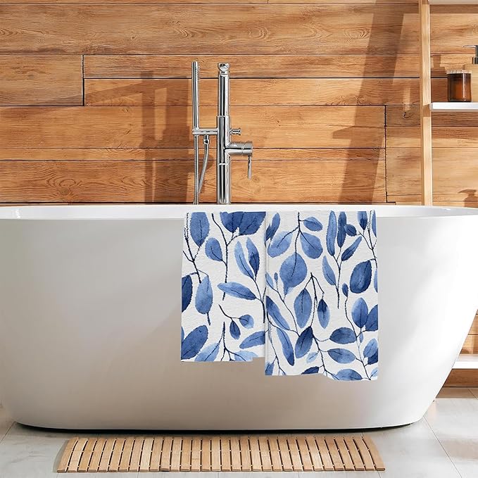 Blue Eucalyptus Leaves Bathroom Hand Towel Set of 2,Watercolor Botanical Plant Leaves Fingertip Kitchen Hand Towel,Soft Absorbent Decorative for Hotel Home Decor