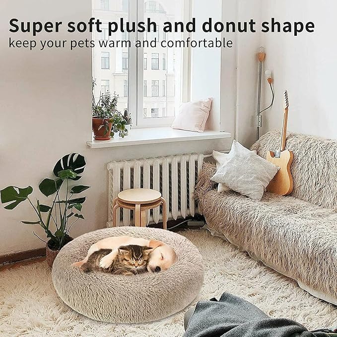 Cat Beds for Indoor Cats - Cat Bed Washable 20/24 inches, Dog Beds for Small Medium Dogs, Anti Anxiety Round Fluffy Plush Faux Fur Cat Bed, Thick Bottom (Brown, Medium)