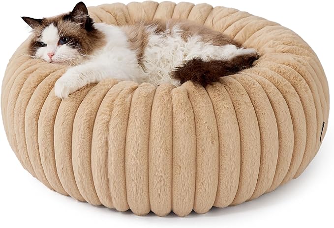 Bedsure Cat beds for Indoor Cats - Donut Dog Beds for Small Dogs with Corduroy Fleece & Anti Slip Bottom, Faux Fur Pet Beds with Washable Removable Cover, Sandy Tan, 20x20x6 inches