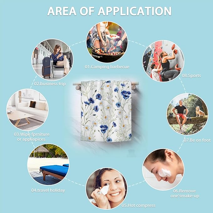 White Daisy Flowers Hand Towels Set of 2,Blue Cornflower Fingertip Towel Polyester Cotton Soft Bath Hand Towels for Bathroom Kitchen Hotel Spa Hand Towels 14"X28"