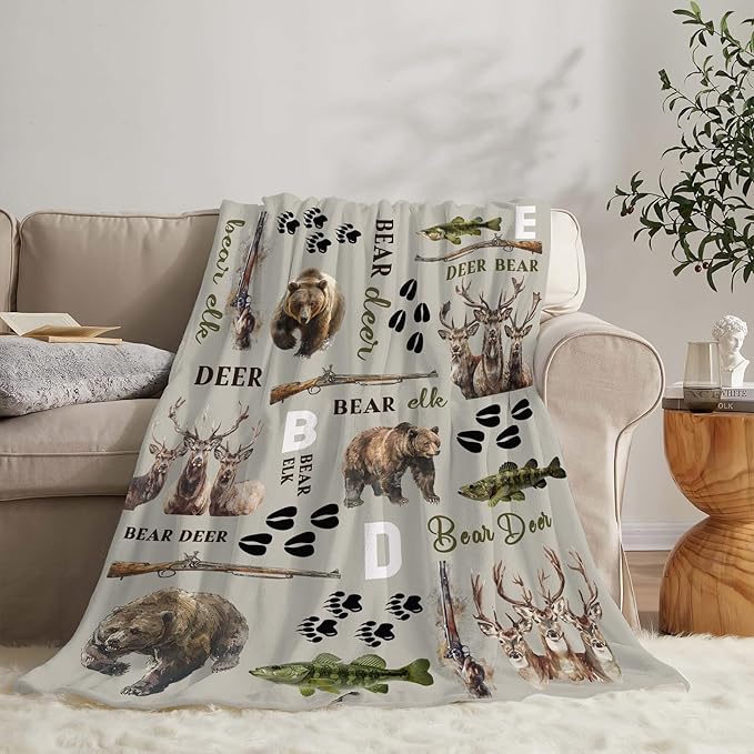 Hunting Deer Throw Blanket Bear Elk Blanket Gifts for Kids Girls Boys Adults Women Men Soft Cozy Warm Plush Fluffy Fuzzy Fleece Blanket Home Decor 40''X50''