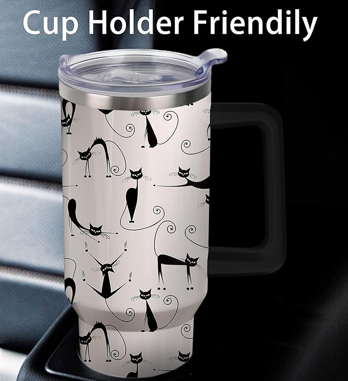 40oz Cute Cat Tumbler with Handle and Straw, Stainless Steel Insulated Cup with Lid, Travel Coffee Mug Water Bottle, Birthday Mothers Day Gifts for Women Men Animal Lovers