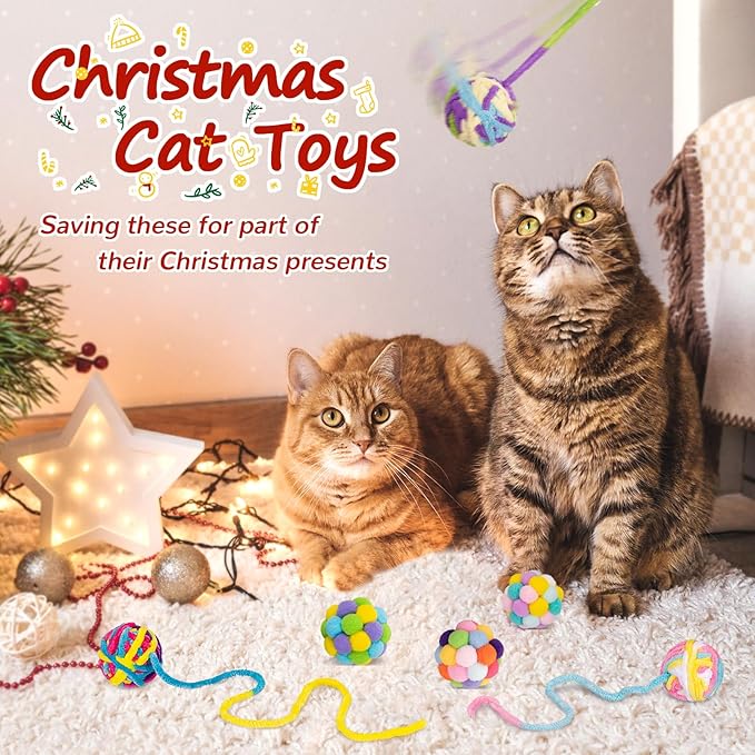 Retro Shaw Interactive Cat Toys for Indoor Cats Kittens,6 Pcs Cat Toy Balls with Bell Inside,Woolen Yarn Ball Kitten Toys for Bored Cats Pastime,Kitty Toys Fuzzy Ball with String