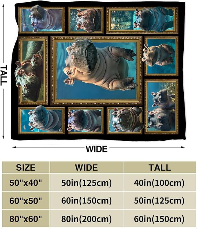 Hippo Throw Blanket Ultra Soft Cozy Cute Hippo Blanket Fleece Fuzzy Plush Hippo Lovers Decor Gifts for Women Girls Adults Couch Sofa 60"x50"