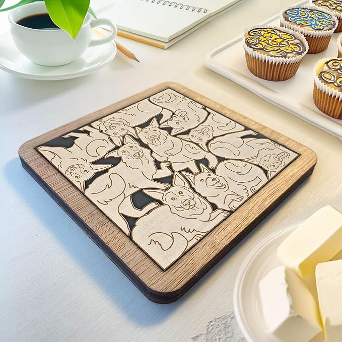 02 German Shepherd Dog Coaster - German Shepherd Dog Puzzle Wooden Coaster Set - Interlocking Jigsaw Drink Mats with Laser-Cut Design for German Shepherd Lover
