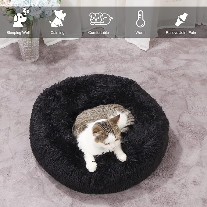 Black Dog Bed Washable,Fluffy Dog Beds for Small Dogs 19 inches Donut Soft Small Pet Bed,Calming Anti Anxiety Round Fits up to 10 lbs Warm Comfort Pets Beds for Puppy Dogs Indoor