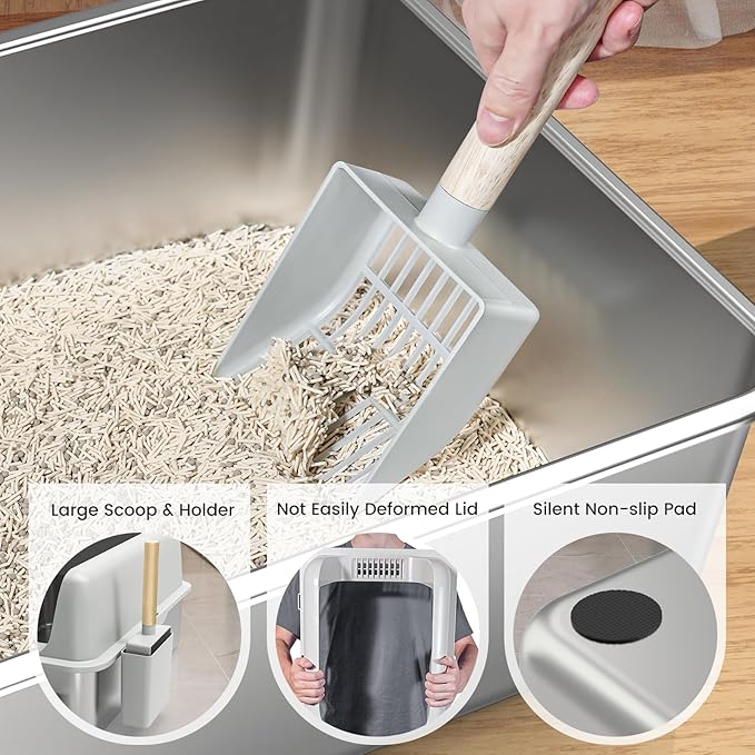 2 Pack Stainless Steel Cat Litter Box, Enclosed Metal Litter Box with Lid, XL Extra Large Cat Litter Box for Big Cats, Non-Sticky High Side Kitty Litter Box (White&LightGrey)