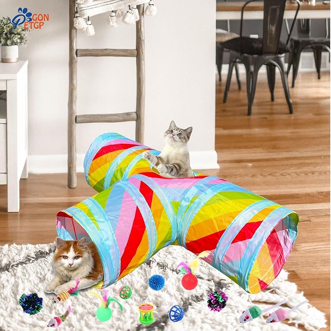 Cat Toys Kitten Toys for Indoor Cats Collapsible Cat Tunnels Tube Toy Bundle Pack, Cat Feather Teaser Interactive Feather Toy Fluffy Mouse Crinkle Balls Play for Cat Puppy Kitten