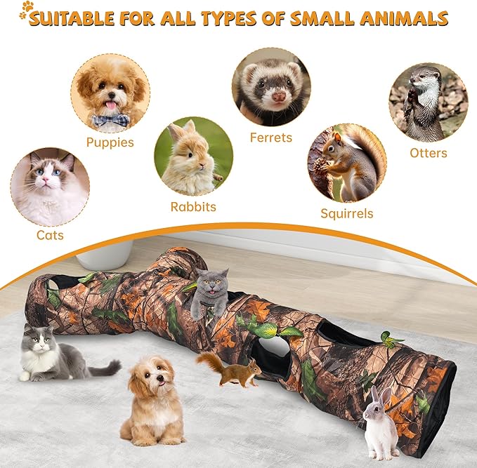 Cat Tunnels for Indoor Cats Large, 3 Way Cat Tunnel with 5 Holes and Leaves, Cat Tunnel Toy with Loud Paper - Pop Up Collapsible - Connect More Tunnels for Large Cat, Puppy, Kitten