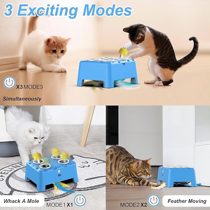 Cat Toys, Interactive Cat Toys, 2-in-1 Automatic Cat Toy, 4 Holes Mice Whack A Mole Cat Mouse Toy with Moving Feather, Portable USB Rechargeable Electronic Kitten Toys (Blue)