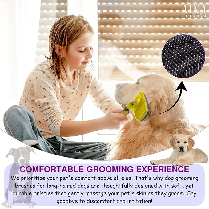 AINA Self-Cleaning Pet Grooming Brush | Pet Slicker Brush for Dogs & Cats Detangling & Fur Removal with Click Clean Button | Effective & Comfortable Pet Deshedding Brush, Perfect for Pet Grooming