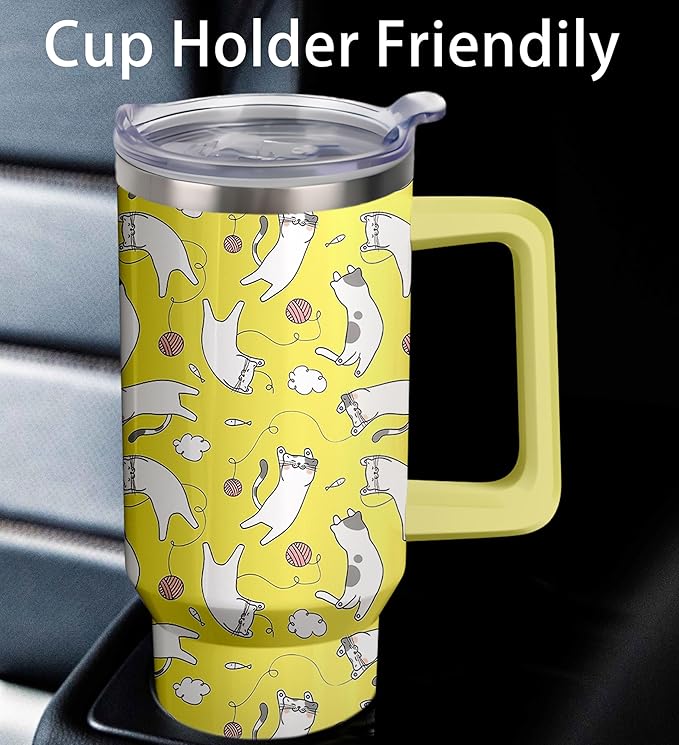 40oz Cute Cat Tumbler with Handle and Straw, Stainless Steel Insulated Cup with Lid, Travel Coffee Mug Water Bottle, Birthday Mothers Day Gifts for Women Men Animal Lovers