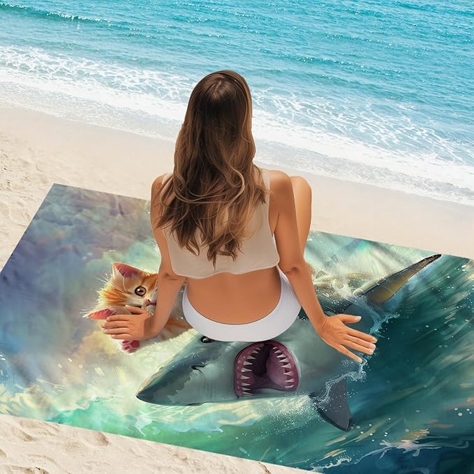 WZOMT Cute Cat Beach Towel, Microfiber Shark Beach Towel, Funny Cat Ride Shark Surfing Ocean Towels, Cats Towels for Cats Lovers, Quick Dry Kitten Kitty Bath Pool Towel, Oversized 32x52 Inch