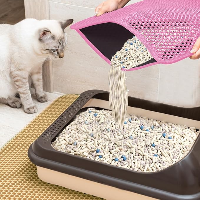 2025 𝗡𝗘𝗪 Waterproof Cat Litter Mat | Double Layer EVA, Odor-Free Large Grid | Urine Proof & Easy Cleanup | Soft on Paws | Versatile Design for Litter and Feeding (Pink, 24×36)