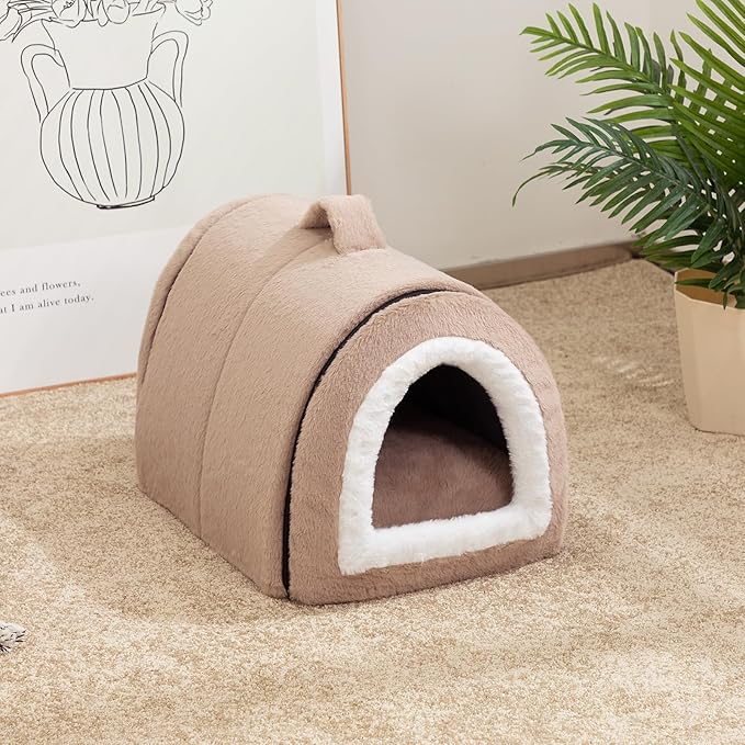 Hollypet Fluffy Cat Bed, 2 in 1 Foldable Cave House Animal Shaped Nest Pet Sleeping Bed, Light Brown