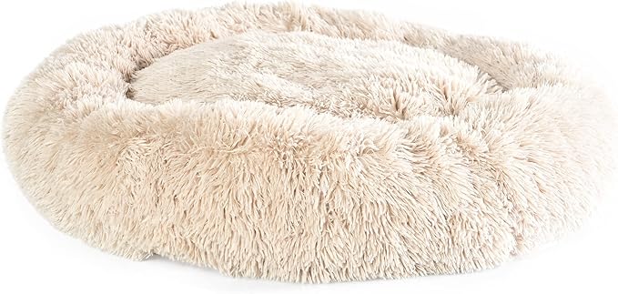 Max & Marlow Long Lush Faux-Fur, Anti-Anxiety Cuddler, Donut Dog & Cat Bed, Non Slip Bottom, Small, Cream