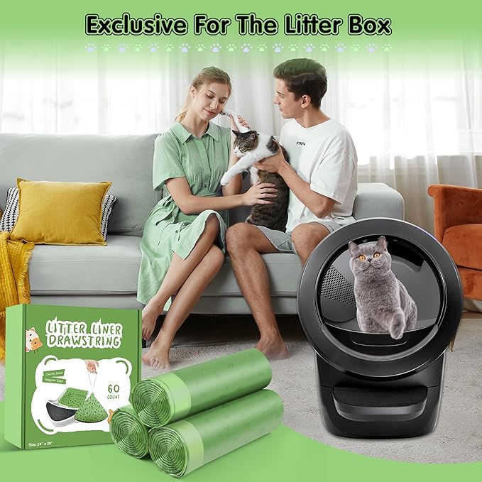 60 Count Self Cleaning Drawstring Cat Litter Box Bags Compatible with Litter-Robot 4 and 3, 24'' x 29'' Waste Bags, 9-11 Gallons Heavy Duty Kitty Litter Bags Replacement for Automatic Cat Litter Box