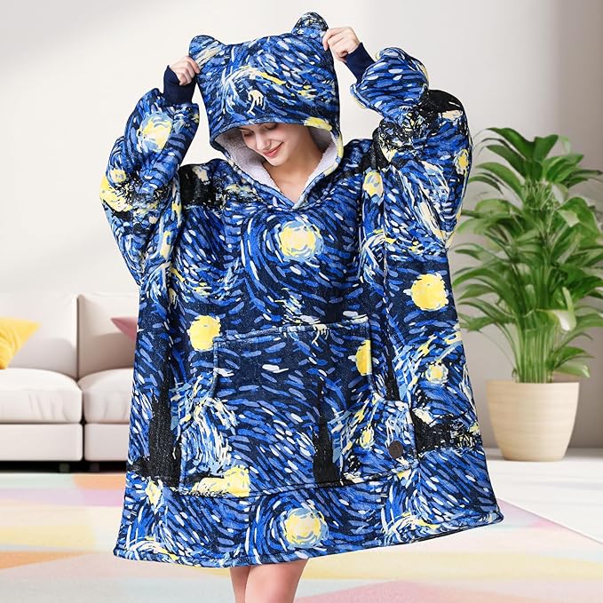 THREE POODLE Wearable Blanket Hoodie for Women, Oversized Sherpa Sweatshirt Blanket for Adults Men, Warm Cozy Starry Hooded Blanket, Gifts for Mom Girlfriend Sister